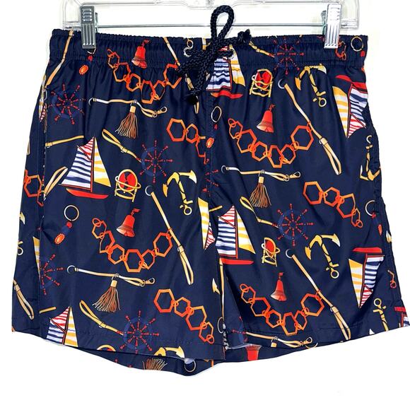 Zara Men’s Hamptons Horsebit Navy Blue Nautical Swim Trunks Size Medium - Picture 1 of 12